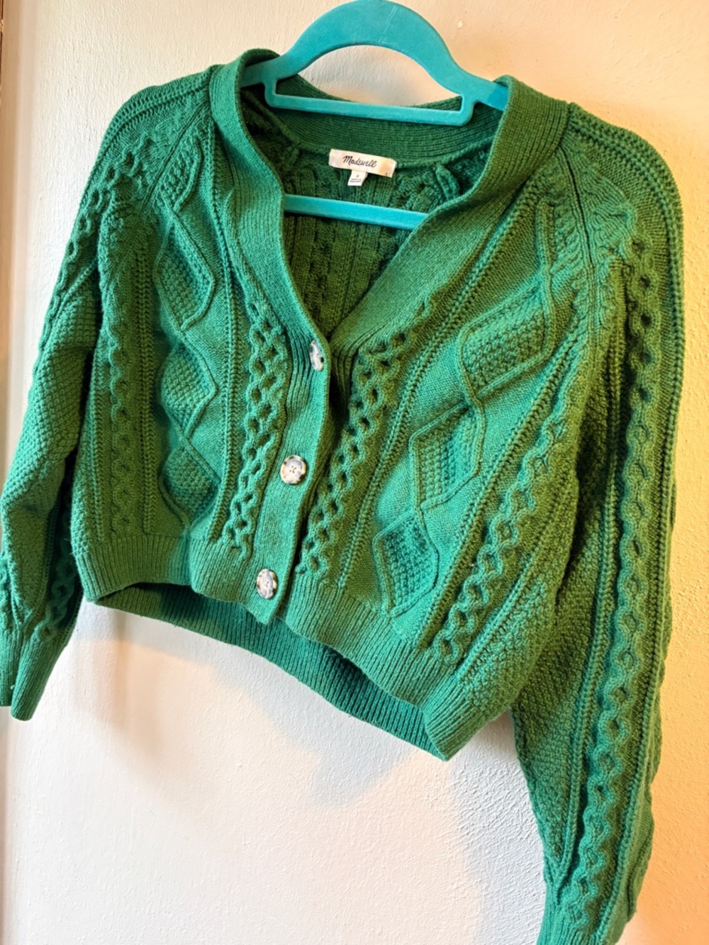 Madewell Emerald Green Cable Knit Cropped Cardigan